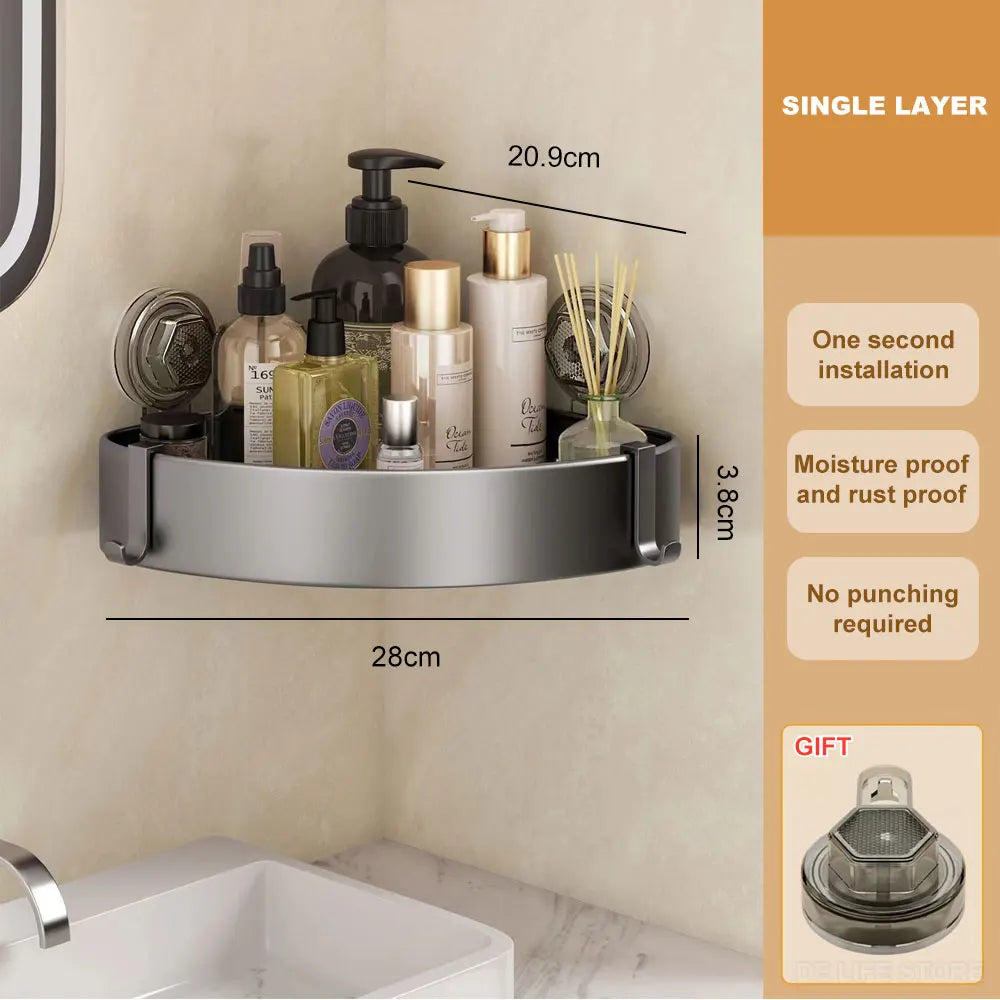 Bathroom Shelf With Suction Cup Aluminum Corner Shelf Without Drilling Wall-Mounted Gray Bathroom Organizer Bathroom Accessories