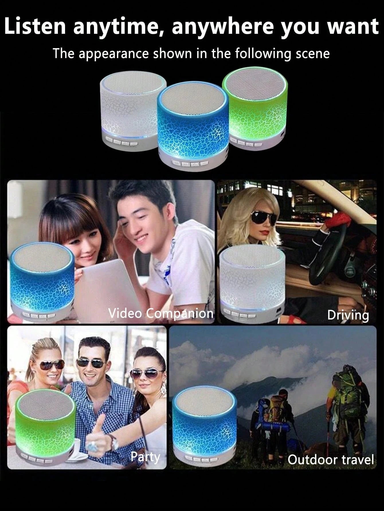 Wireless Mini Speaker, Subwoofer, Dazzle Crackle 7 Colour Light Wireless Mini Speaker, Portable Small Speaker