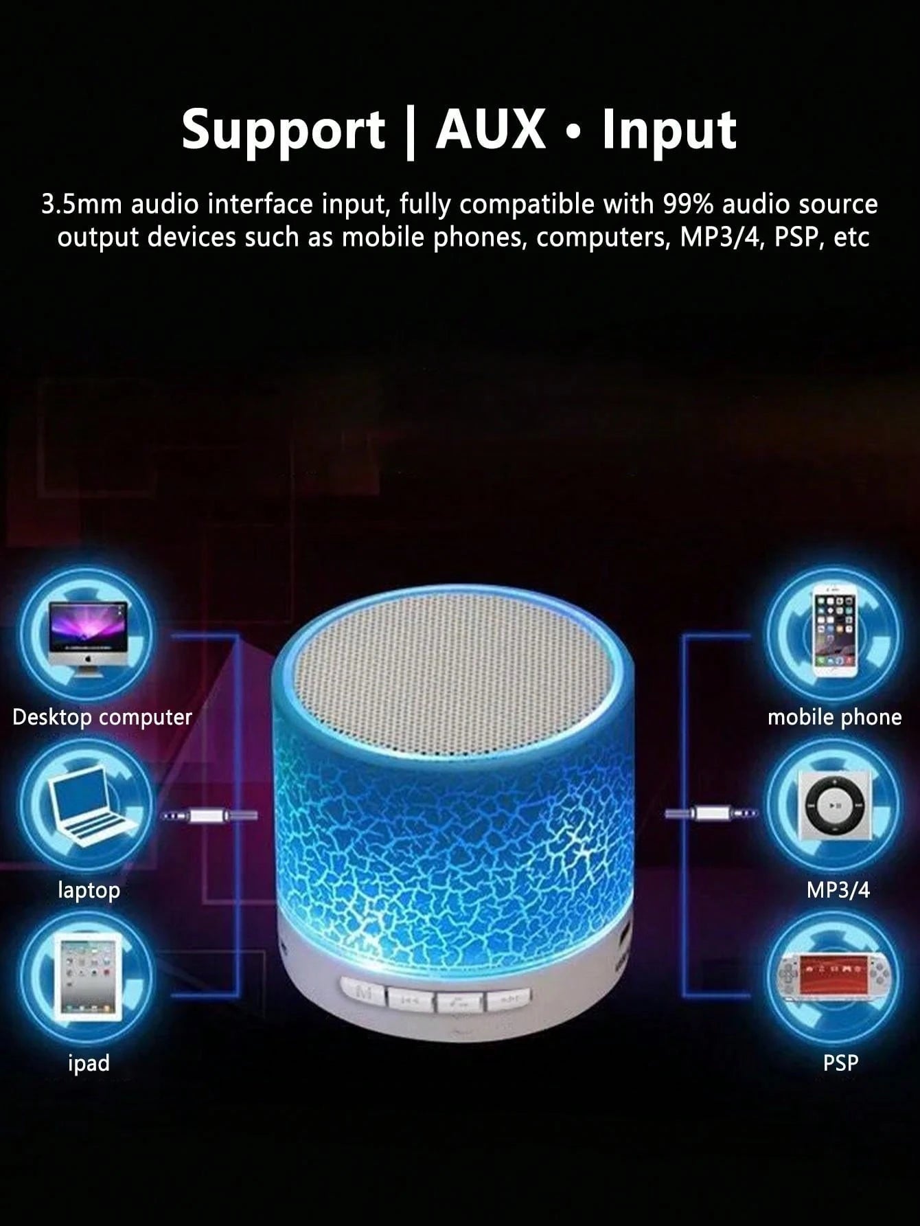 Wireless Mini Speaker, Subwoofer, Dazzle Crackle 7 Colour Light Wireless Mini Speaker, Portable Small Speaker