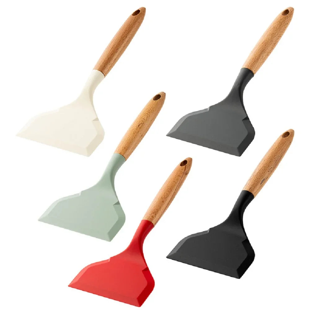 Silicone spatula with wooden handle non-stick pan silicone wide mouth high temperature resistant kitchen silicone frying spatula