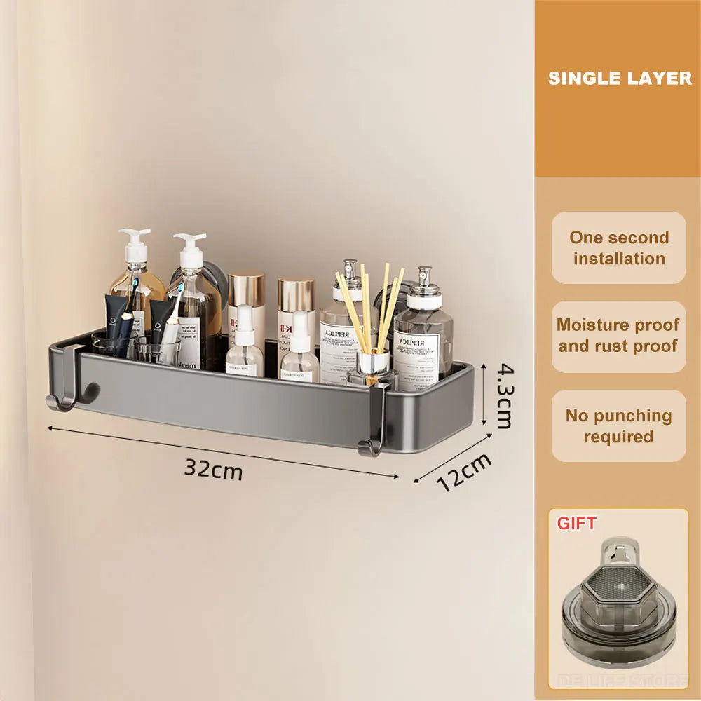 Bathroom Shelf With Suction Cup Aluminum Corner Shelf Without Drilling Wall-Mounted Gray Bathroom Organizer Bathroom Accessories