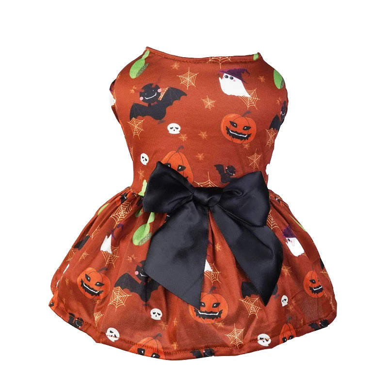 Halloween Dog Clothes  Funny Pet Dress Pumpkin Print Dress Chihuahua Yorkie Bow Mesh Dress Pet Party Clothing Cat Dog Costume