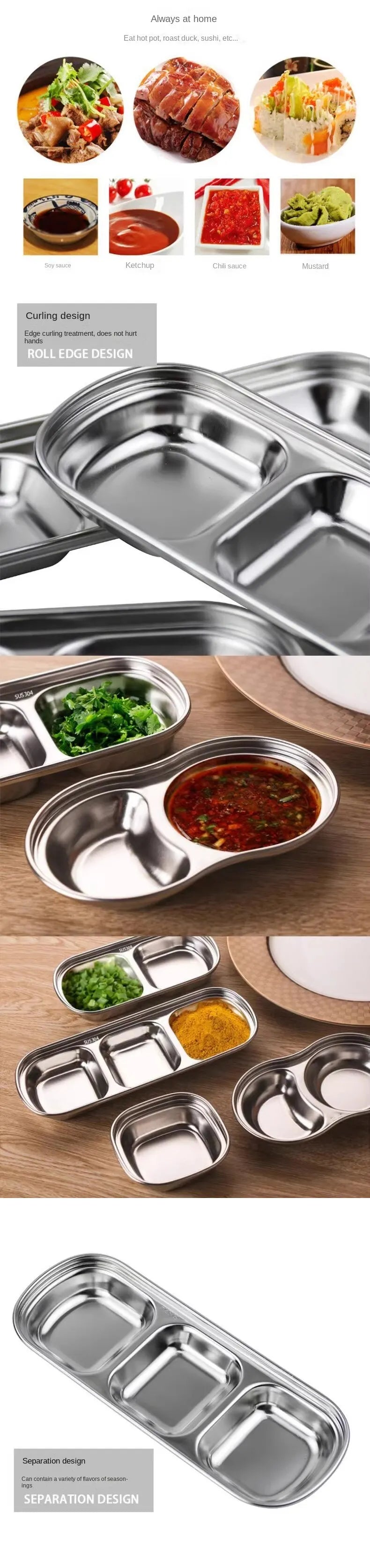 304 Stainless Steel 3-compartment Dip Tray Seasoning Sauce Seasoning Tray BBQ Restaurant Cutlery