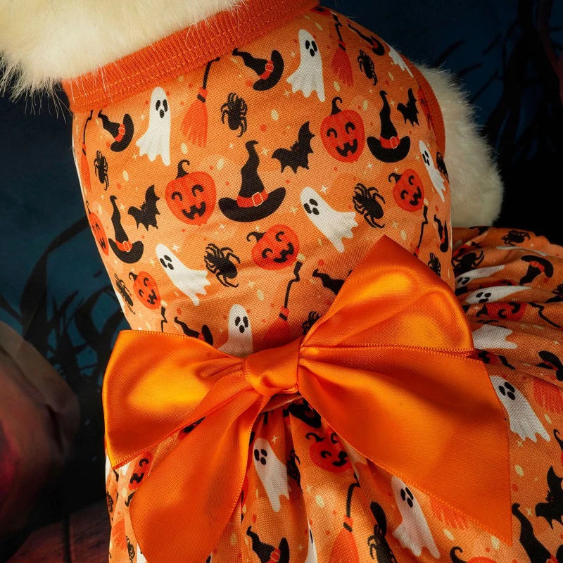 Halloween Dog Clothes  Funny Pet Dress Pumpkin Print Dress Chihuahua Yorkie Bow Mesh Dress Pet Party Clothing Cat Dog Costume