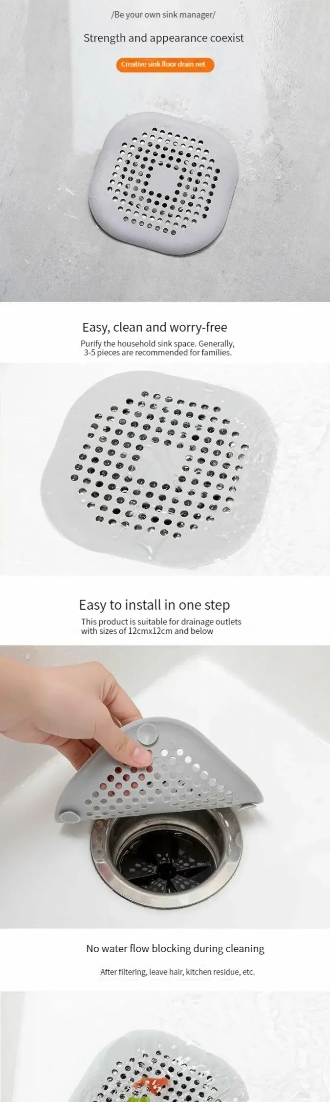 Sewer with Suction Cup, Floor Drain Mat, Kitchen, Bathroom, Anti Clogging Hair Filter