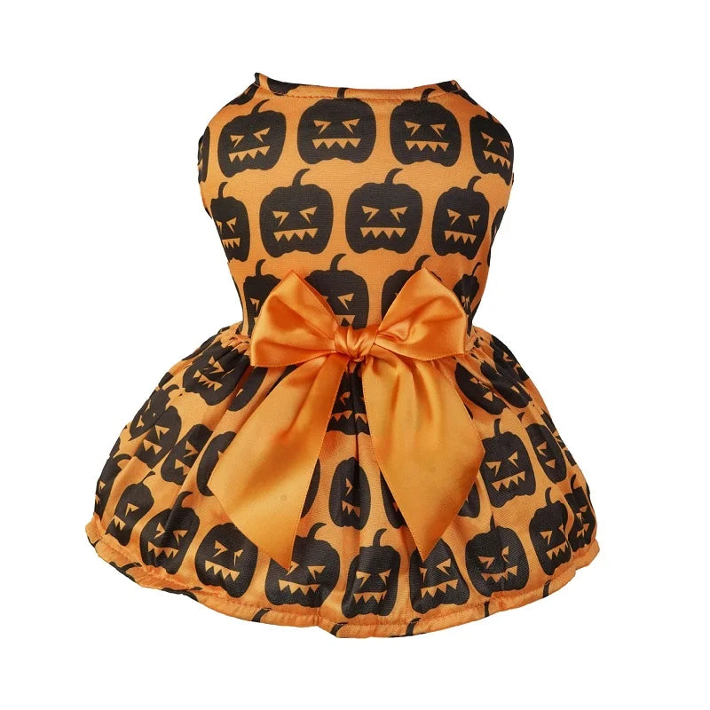 Halloween Dog Clothes  Funny Pet Dress Pumpkin Print Dress Chihuahua Yorkie Bow Mesh Dress Pet Party Clothing Cat Dog Costume