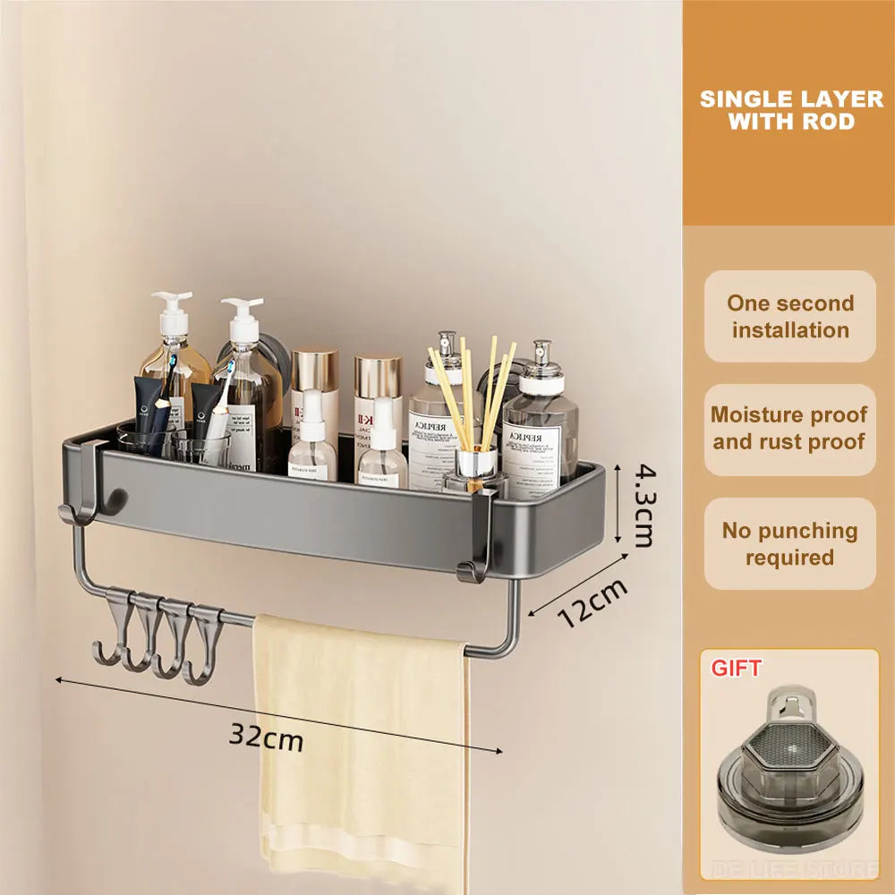 Bathroom Shelf With Suction Cup Aluminum Corner Shelf Without Drilling Wall-Mounted Gray Bathroom Organizer Bathroom Accessories