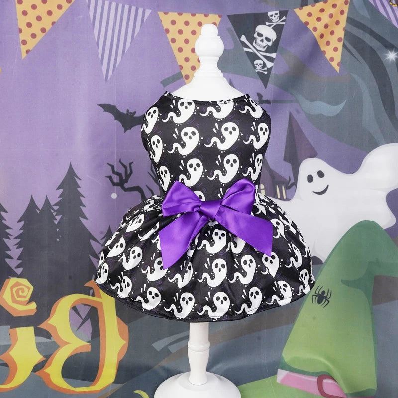 Halloween Dog Clothes  Funny Pet Dress Pumpkin Print Dress Chihuahua Yorkie Bow Mesh Dress Pet Party Clothing Cat Dog Costume