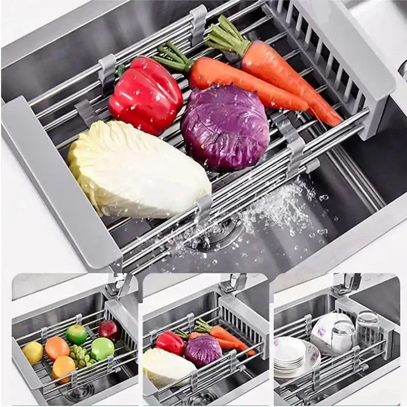 Scalable Stainless Steel Kitchen Utensils, Vegetable Sink, Drainage Basket, Adjustable and Expandable