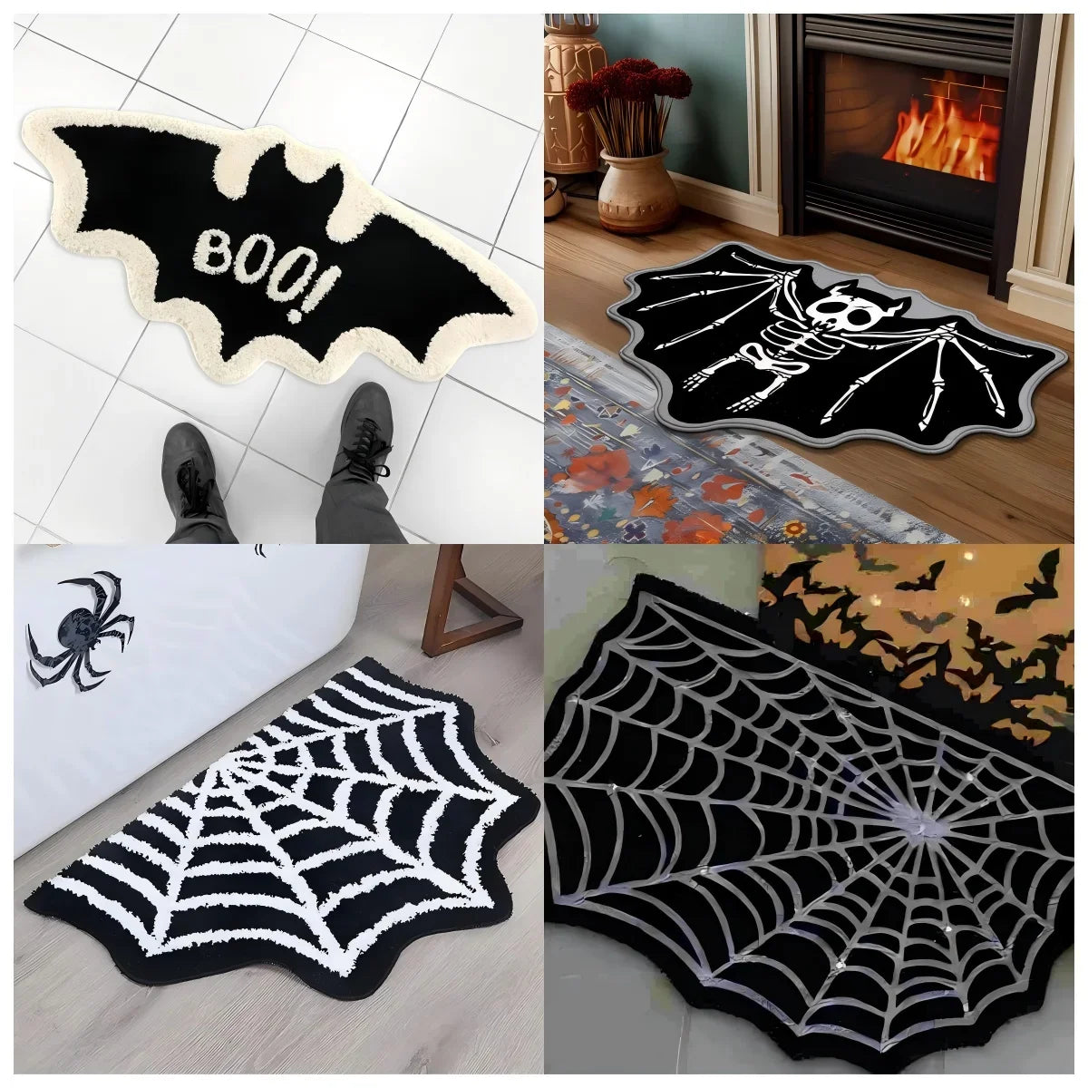 VIKAMA Black Spider Web Halloween Rug Bathroom Halloween Decorative Rug Bath Mat Faux Cashmere Doormat Living Room