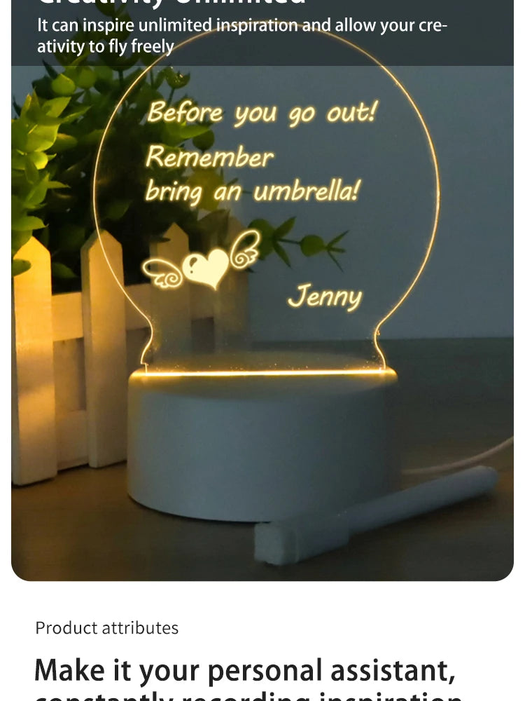 Creative LED Writing Board Notepad, 3D Visual Desk Lamp, Girlfriend Gift, Handmade Writing Board Decorative Ornament Acrylic