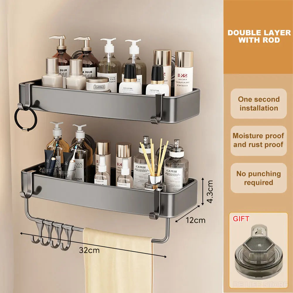 Bathroom Shelf With Suction Cup Aluminum Corner Shelf Without Drilling Wall-Mounted Gray Bathroom Organizer Bathroom Accessories