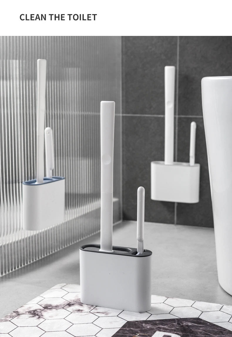 Wall Hanging Toilet Cleaning WC Brush Holder Long Handled Silicone Water Proof Quick Drying Soft Bristles Bathroom Accessories