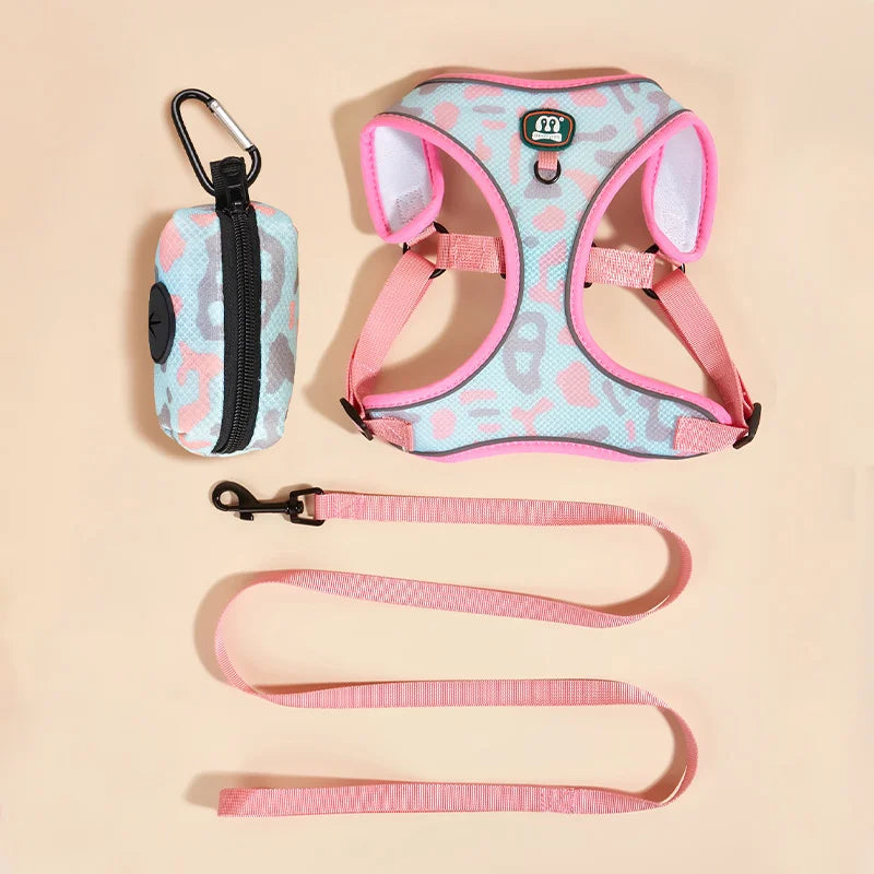 3Pcs/Set Cute Print Adjustable Luxury Design Pet Harness&Leashes&Poop Bag Holder For The Cat And Dog Walking