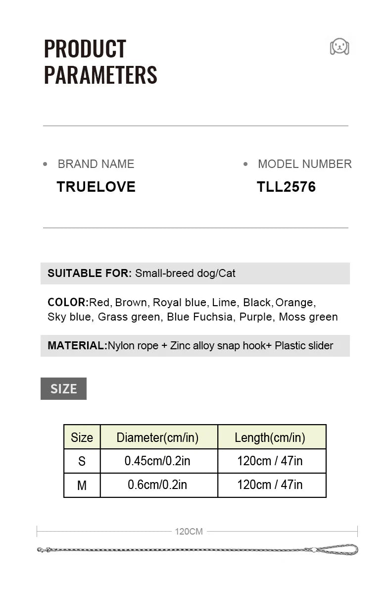 Truelove Pet Leash Lightweight Nylon Rope Dog Leash Small Dog Cat Outdoor Fashion Designed Pet Product New Style TLL2576