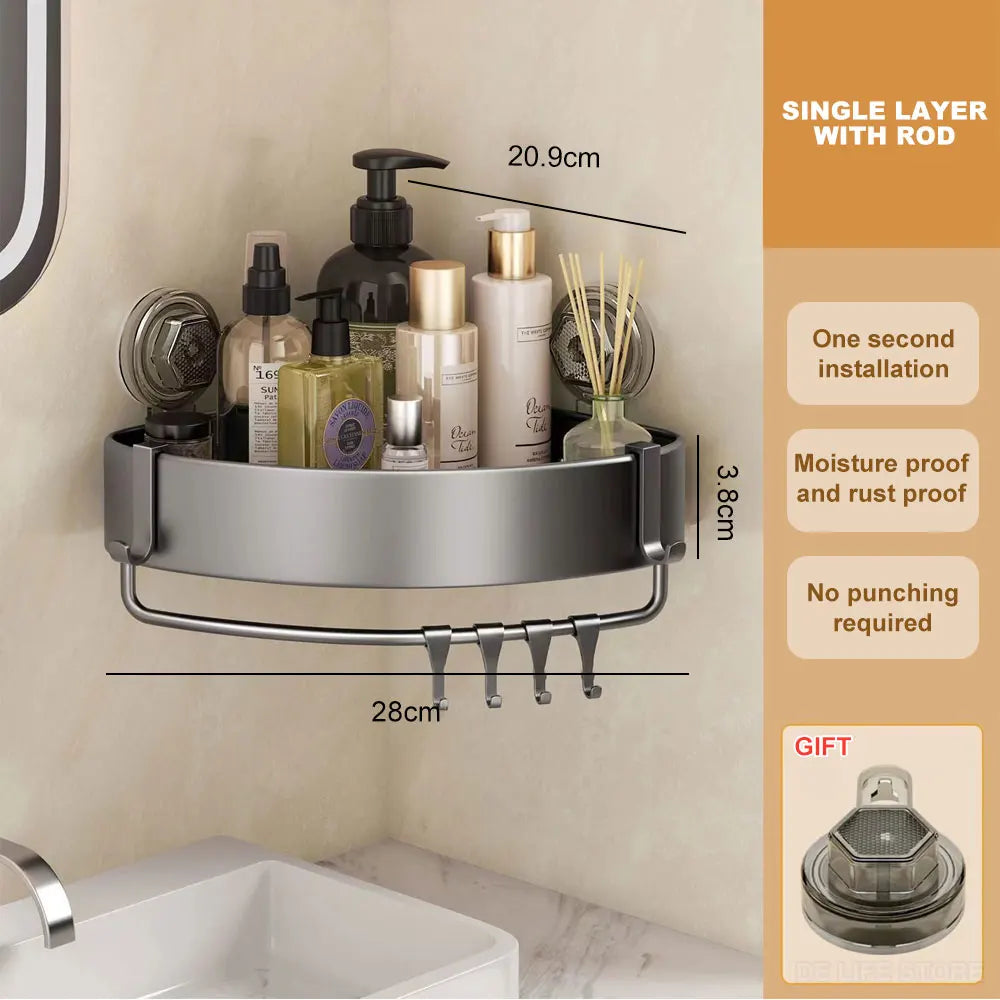 Bathroom Shelf With Suction Cup Aluminum Corner Shelf Without Drilling Wall-Mounted Gray Bathroom Organizer Bathroom Accessories
