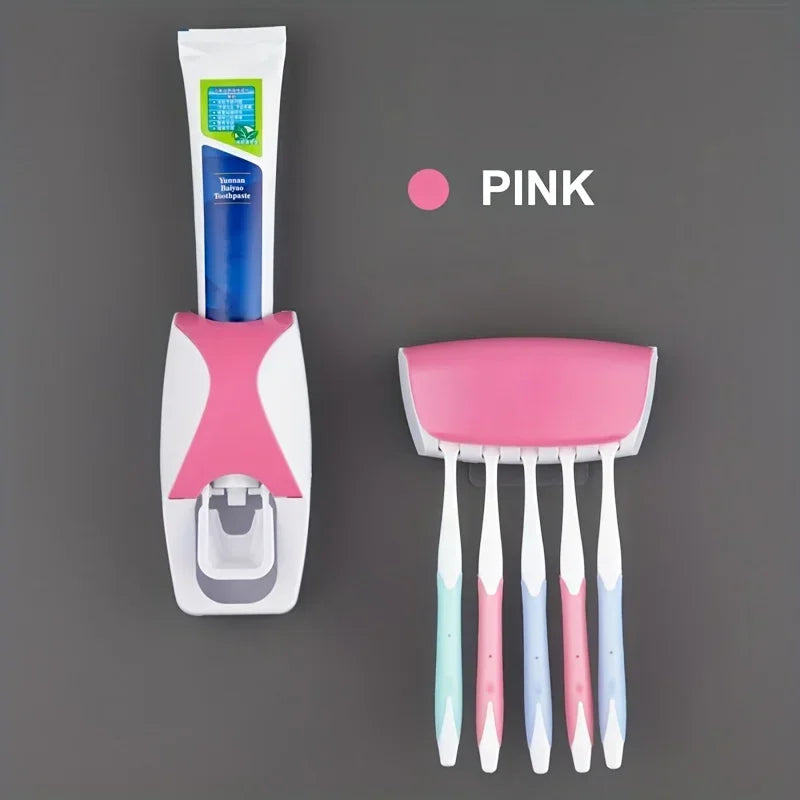 1Set Toothbrush Holder With Automatic Toothpaste Dispenser Wall Mounted Toothbrush Storage Rack & Bathroom Toothpaste Squeezer