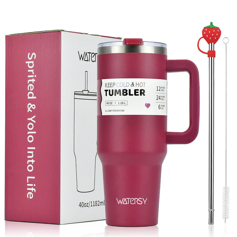 Watersy 30oz/40oz Tumbler with Handle and Straw Stainless Steel Thermal Bottle Double 304 Vacuum Insulated Gifts Cup