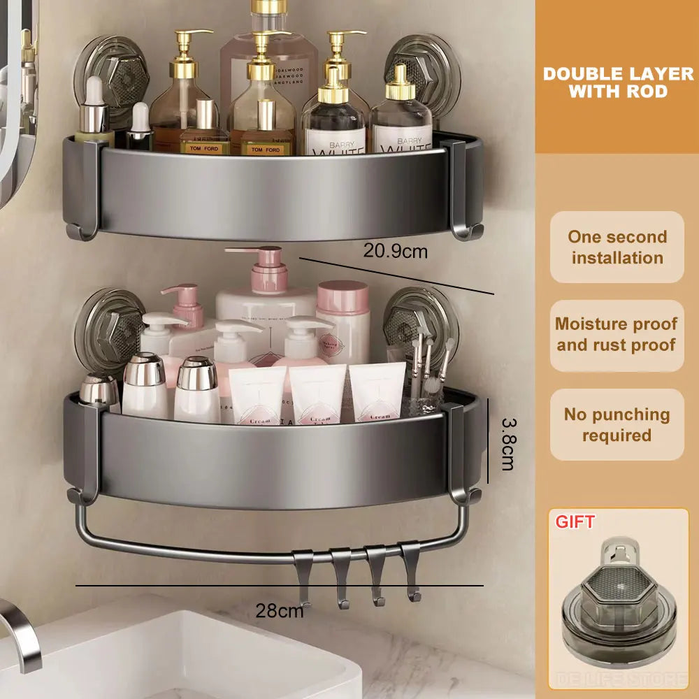 Bathroom Shelf With Suction Cup Aluminum Corner Shelf Without Drilling Wall-Mounted Gray Bathroom Organizer Bathroom Accessories